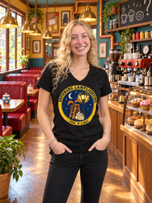 Nephy Co. Nephburg Lamplighting T-Shirt – black women's v-neck front view