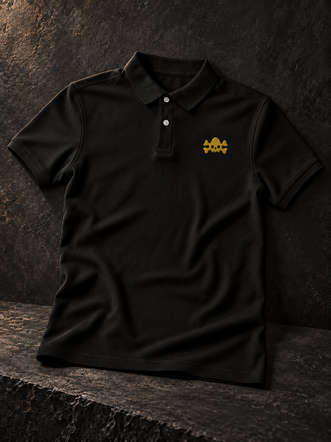 Nephilim Death Squad black polo shirt with yellow embroidered NDS skull logo