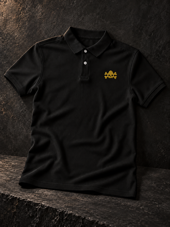 Nephilim Death Squad black polo shirt with yellow embroidered NDS skull logo