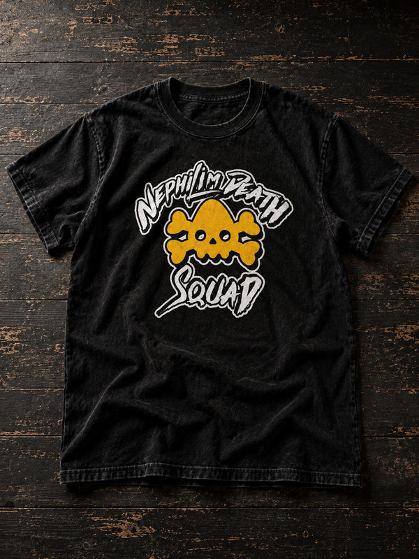 Nephilim Death Squad Logo T-Shirt: black tee with yellow NDS skull and crossbones and white lettering, dark wood flat lay