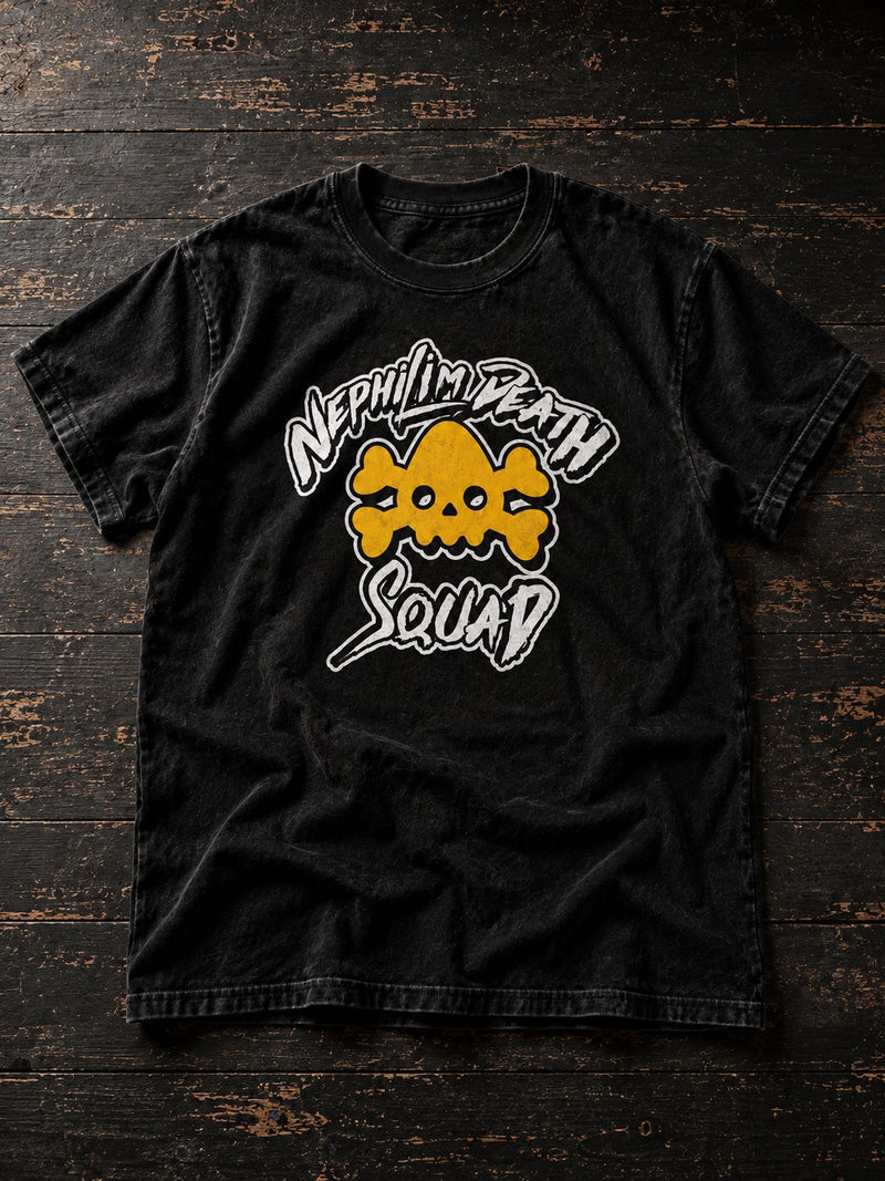 Nephilim Death Squad Logo T-Shirt: black tee with yellow NDS skull and crossbones and white lettering, dark wood flat lay