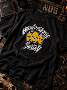 Black NDS logo tee with yellow skull and white Nephilim Death Squad lettering, flat lay