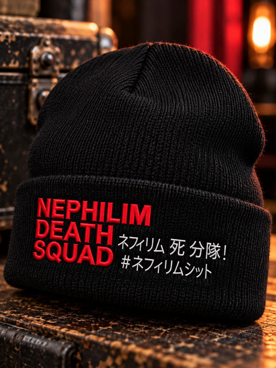 Black Nephilim Dragonball Squad embroidered cuffed beanie with red and white lettering