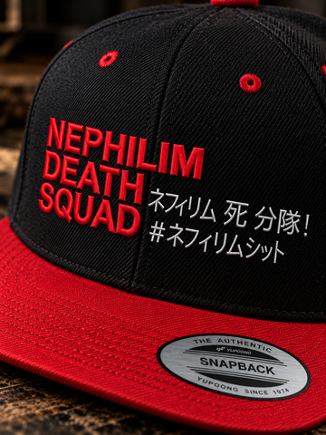 Close-up of red NDS embroidery and white Japanese lettering on snapback hat