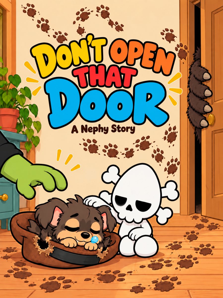 Don’t Open That Door, A Nephy Story: book cover with Nephy and a sleepy pup