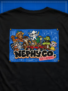 Nephy Co. Blueprint Crew Tee, black, close-up of the full-cast Nephy Co. back print