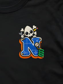 Nephy Co. Blueprint Crew Tee, black, close-up of the N left-chest print
