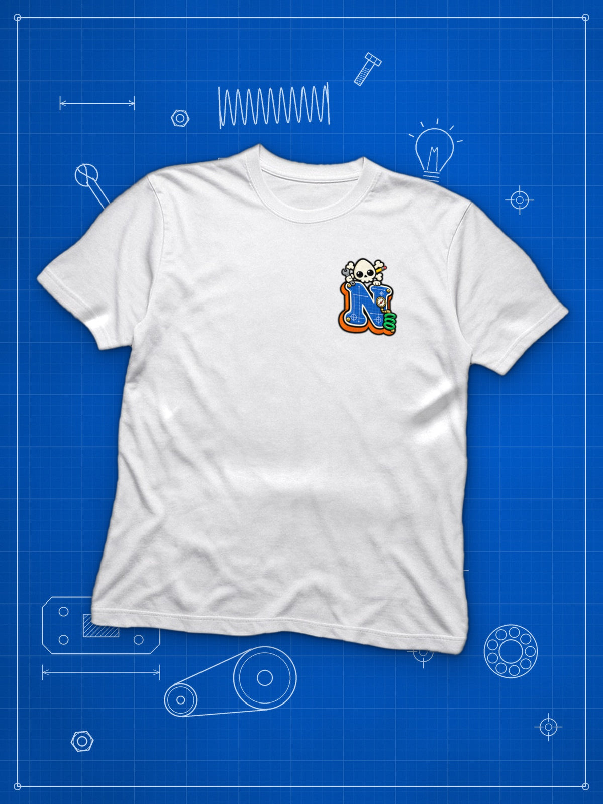 Nephy Co. Blueprint Crew Tee in white, front view