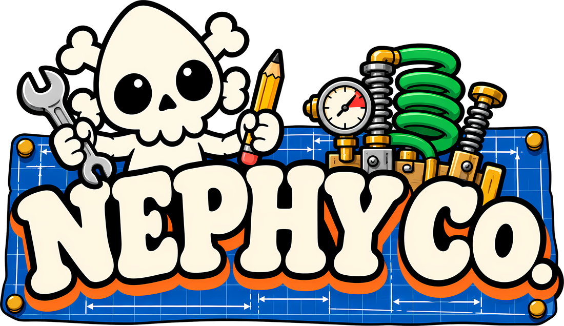 Nephy holding a wrench and a pencil next to a pile of gadgets, on the Nephy Co. sign