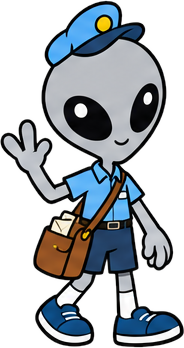 Gary the Greeter, a gray alien mail carrier, waving