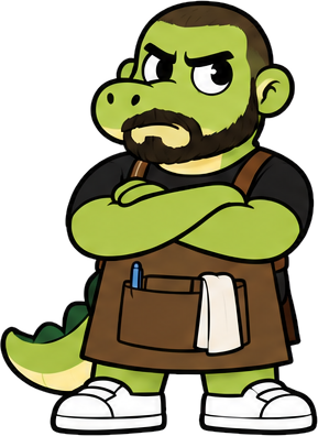 Gator, arms crossed in his coffee shop apron