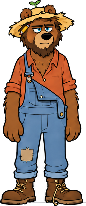 Ursel Rightly the bear in overalls and a straw hat
