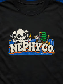 Nephy Co. Wordmark Tee, black, close-up of the Nephy Co. wordmark chest print