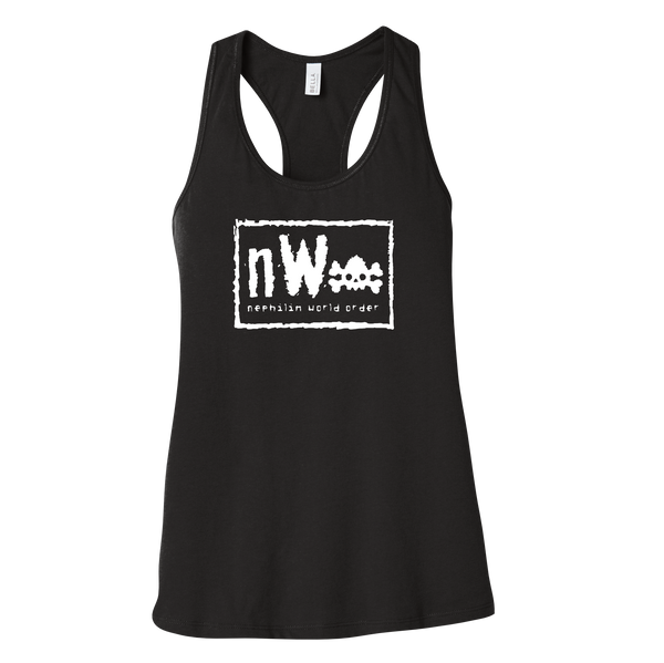 Neph World Order Racerback Tank by Nephilim Death Squad – distressed white nW Neph World Order logo with a skull in place of the O