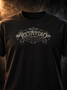 Close-up of the R*tardio crest print on a black tee