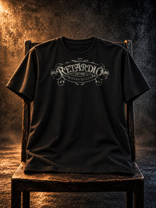 R*tardio black tee editorial shot, dark moody lighting