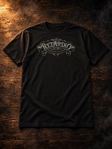 R*tardio black tee flat lay with white crest print