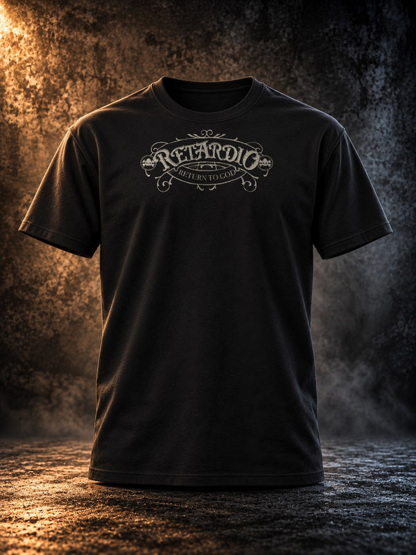 R*tardio T-Shirt in black, ornate Return to God crest, moody studio front view