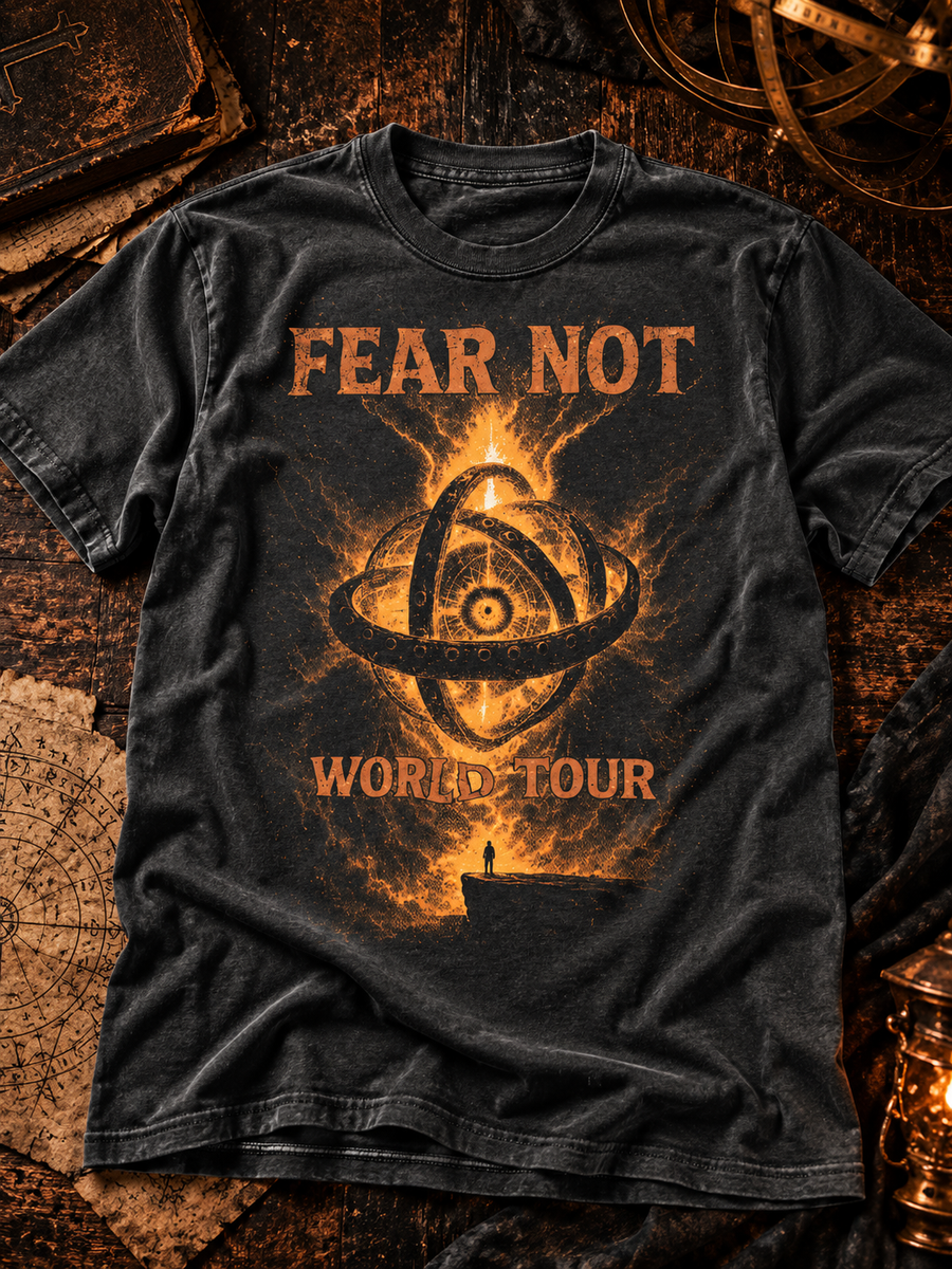 Fear Not World Tour T-Shirt by Nephilim Death Squad – orange biblically accurate angel ophanim rings over a cliff silhouette with FEAR NOT WORLD TOUR text