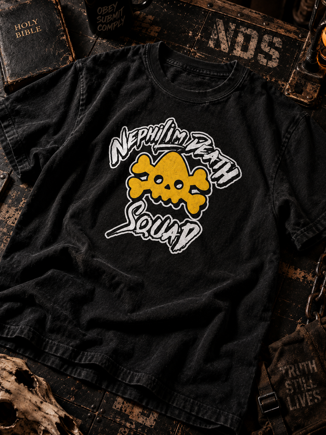Black NDS logo tee with yellow skull and white Nephilim Death Squad lettering, flat lay