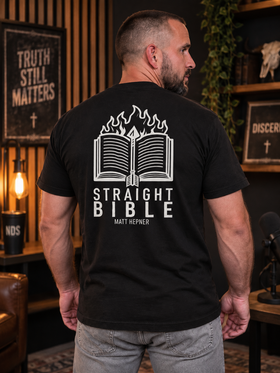 Man wearing Straight Bible tee, back flaming Bible graphic in studio