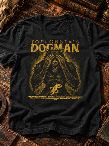 TopLobsta’s Dogman T-Shirt by TopLobsta – yellow woodcut Dogman cryptid covering its eyes