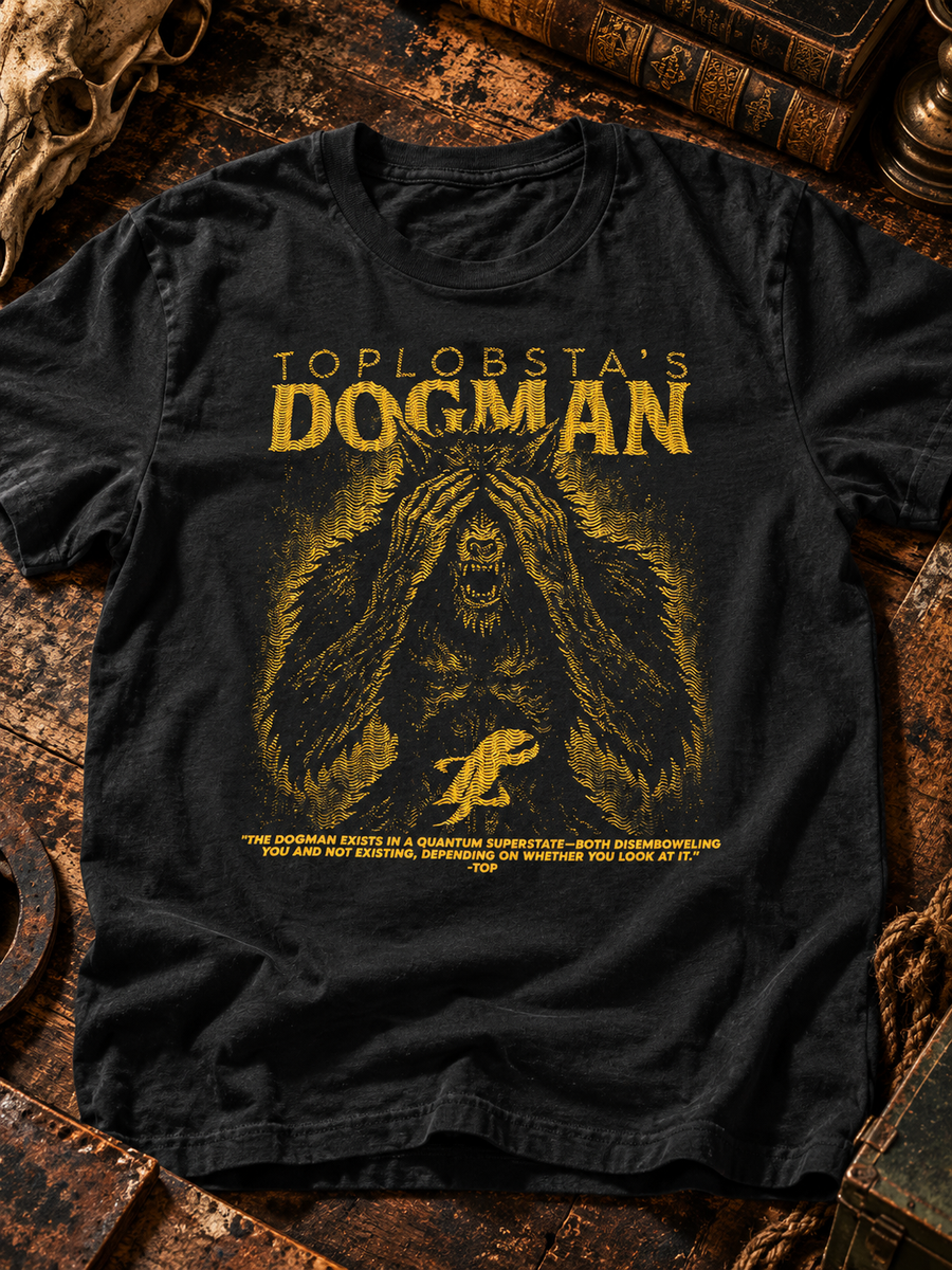 TopLobsta’s Dogman T-Shirt by TopLobsta – yellow woodcut Dogman cryptid covering its eyes