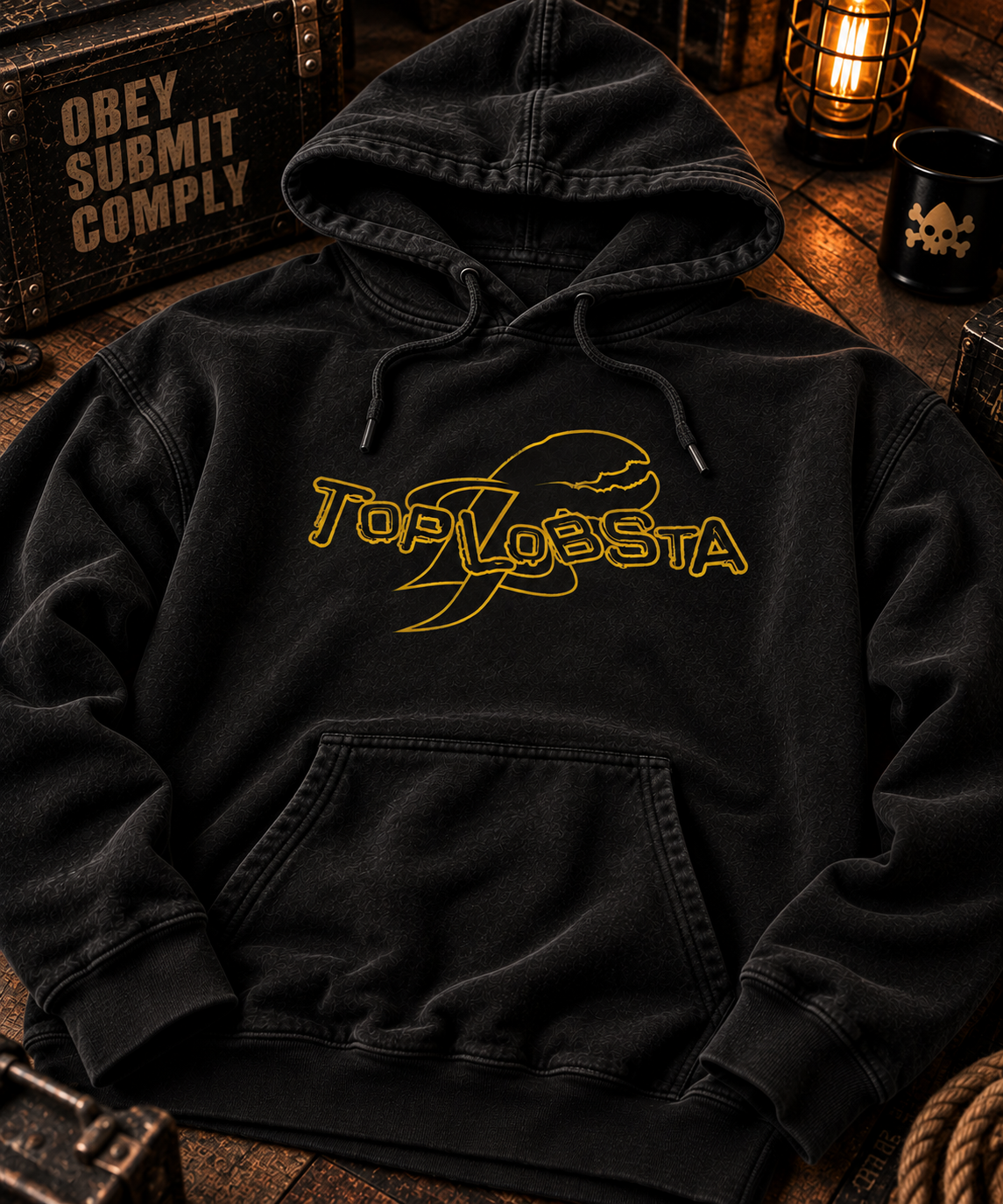 Black TopLobsta logo hoodie with yellow wordmark and claw, flat lay