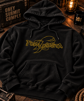 Black TopLobsta logo hoodie with yellow wordmark and claw, flat lay