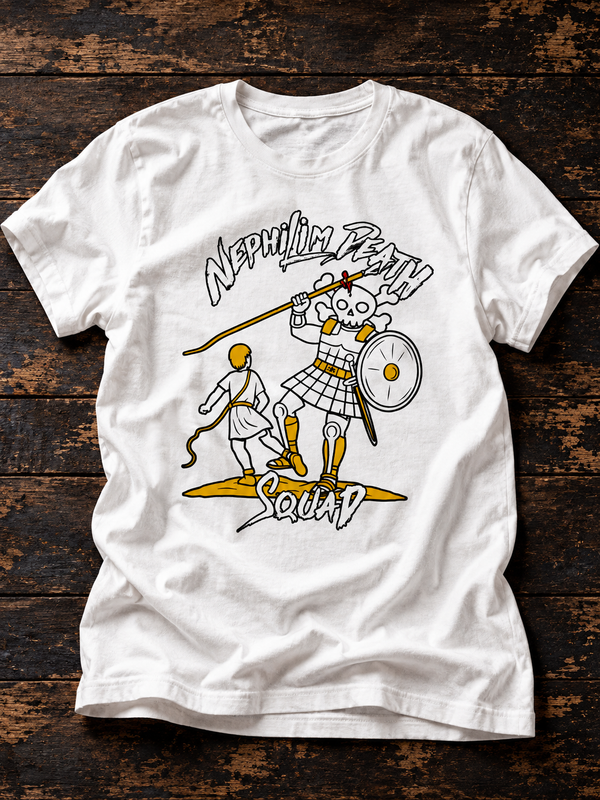 Skull of Goliath T-Shirt by Nephilim Death Squad – David with a sling facing an armored skeleton giant, yellow and black print