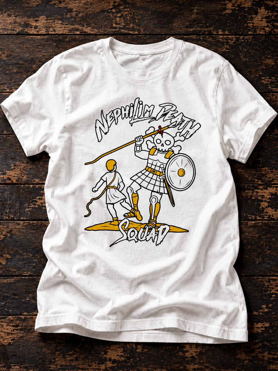 Skull of Goliath T-Shirt by Nephilim Death Squad – David with a sling facing an armored skeleton giant, yellow and black print