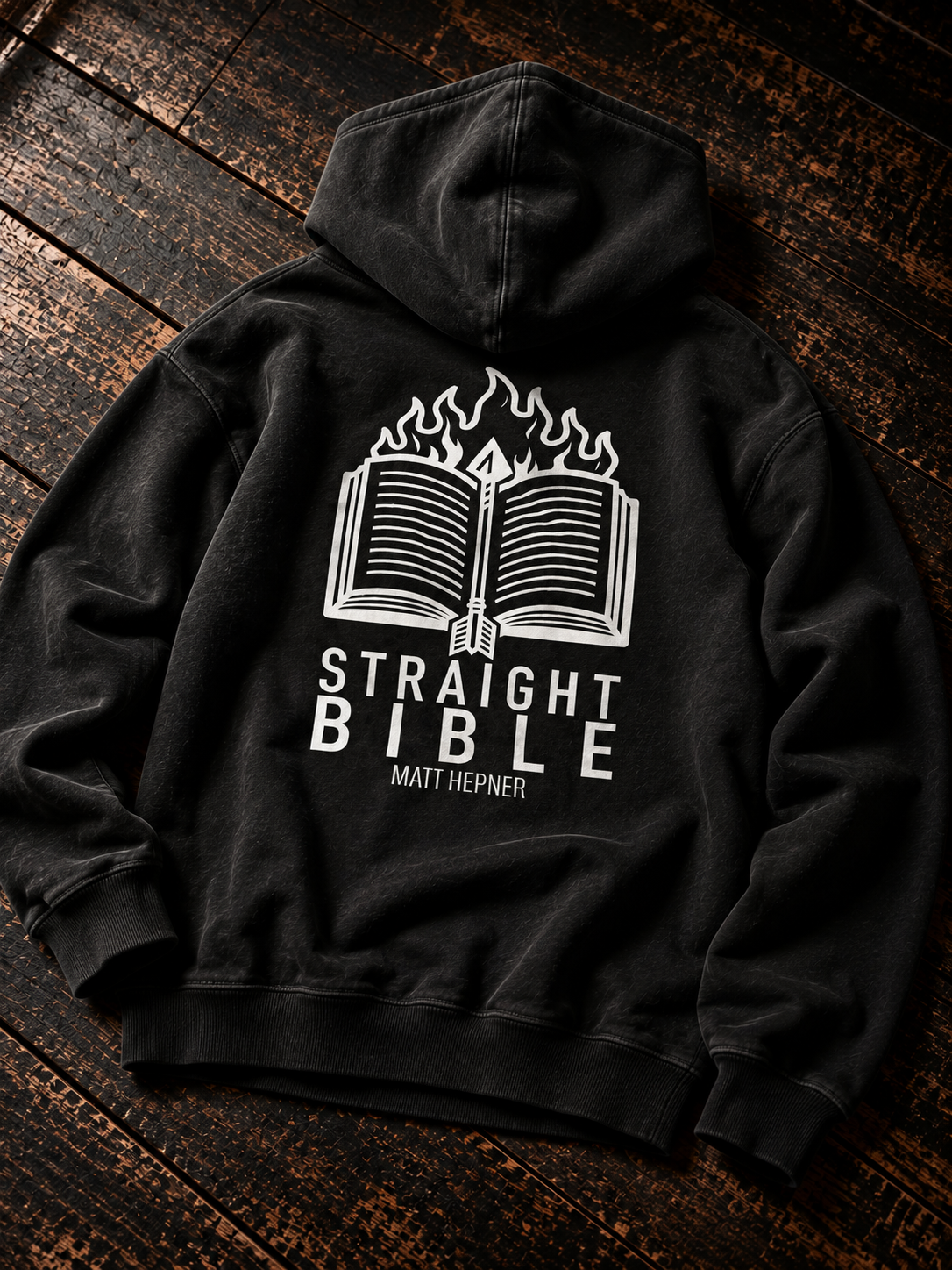 Black Straight Bible hoodie back flat lay, flaming open Bible and Matt Hepner