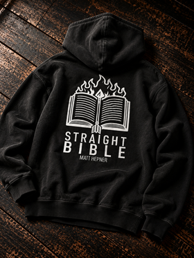 Black Straight Bible hoodie back flat lay, flaming open Bible and Matt Hepner