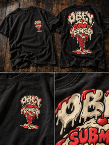 Obey Submit Comply graphic tee collage: front, back, and detail shots on black