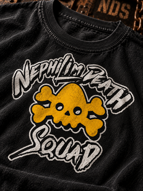 Close-up of yellow NDS skull and white lettering on charcoal logo tee