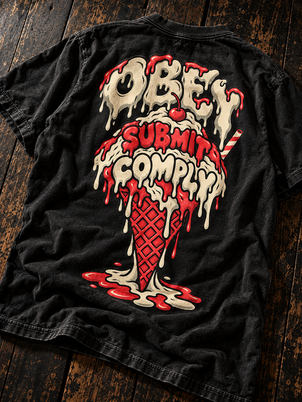 Black Obey Submit Comply tee back flat lay with melting ice cream graphic on wood
