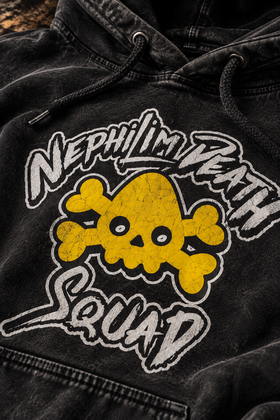 Close-up of yellow NDS skull and white Nephilim Death Squad lettering on hoodie
