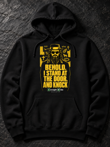 Black Behold, I Stand at the Door Hoodie by Straight Bible, front: yellow Jesus in pork-pie hat and shades, Revelation 3:20