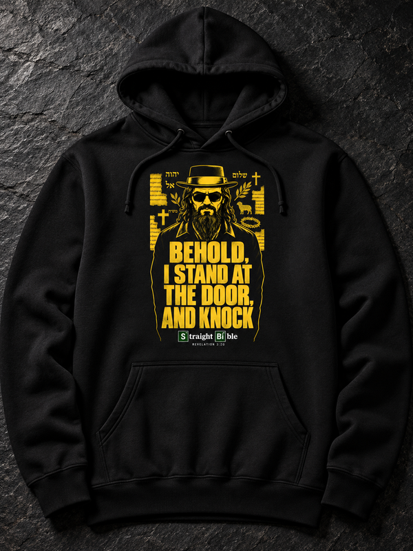 Black Behold, I Stand at the Door Hoodie by Straight Bible, front: yellow Jesus in pork-pie hat and shades, Revelation 3:20