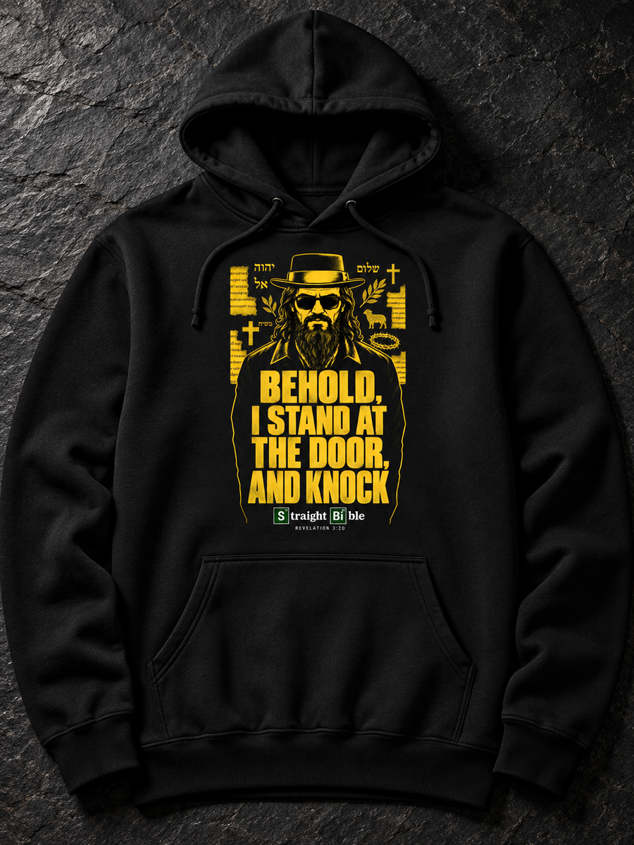 Black Behold, I Stand at the Door Hoodie by Straight Bible, front: yellow Jesus in pork-pie hat and shades, Revelation 3:20