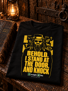 Black Straight Bible Revelation 3:20 garment hanging on a weathered wooden door, Behold I stand at the door and knock