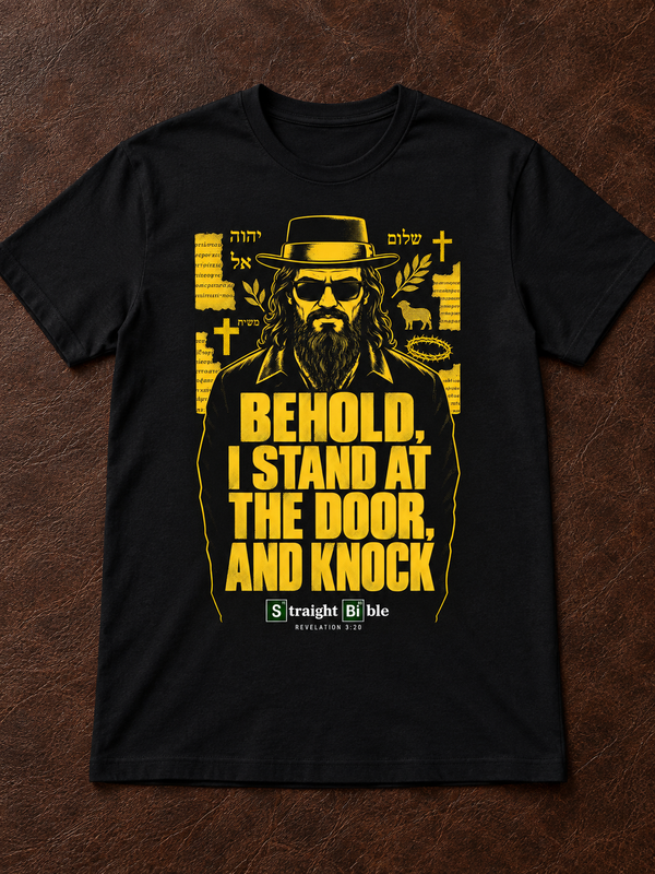Black Behold, I Stand at the Door T-Shirt by Straight Bible, front: yellow Jesus in pork-pie hat and shades, Revelation 3:20