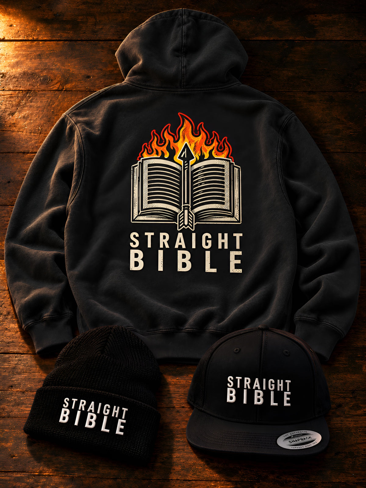 Straight Bible Logo Bundle: black hoodie with embroidered beanie and snapback