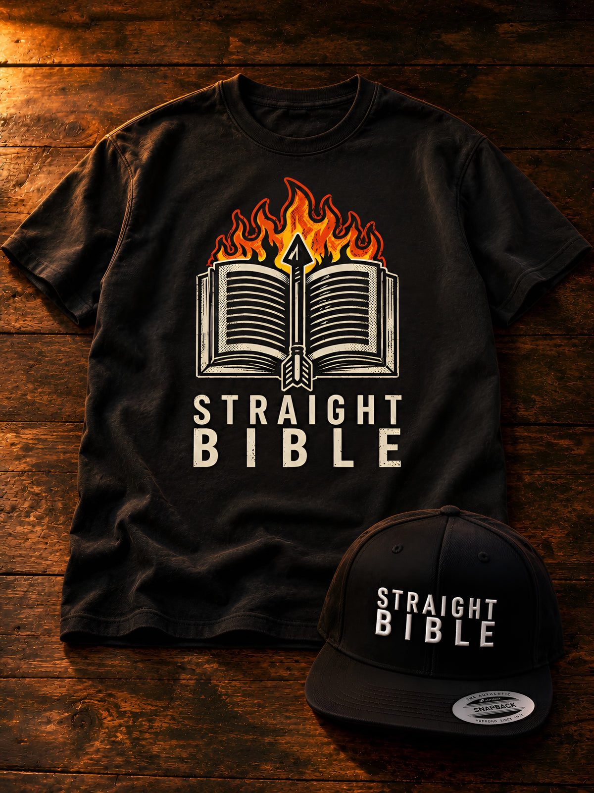 Straight Bible Logo Bundle: black tee with embroidered snapback