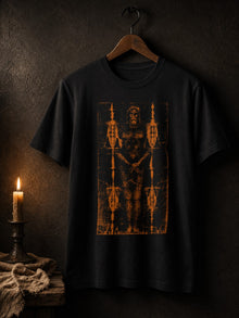 Black Shroud of Turin T-shirt on a wooden hanger beside a candle and aged linen, orange shroud figure print