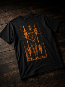 Black Shroud of Turin T-shirt by Nephilim Death Squad: full-length shroud figure in burnt orange inside an ornamental frame
