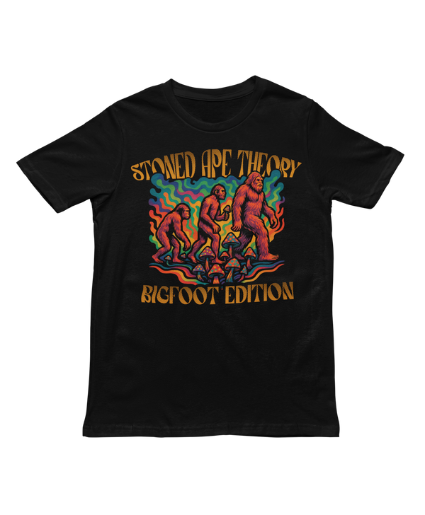 Stoned Ape Theory T-Shirt by TopLobsta – psychedelic march of progress ending with Bigfoot among mushrooms, BIGFOOT EDITION