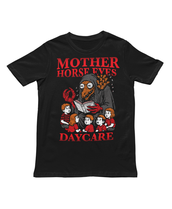 Mother Horse Eyes Daycare T-Shirt by TopLobsta – hooded Mother Horse Eyes creature reading The Interface Series to children, red text