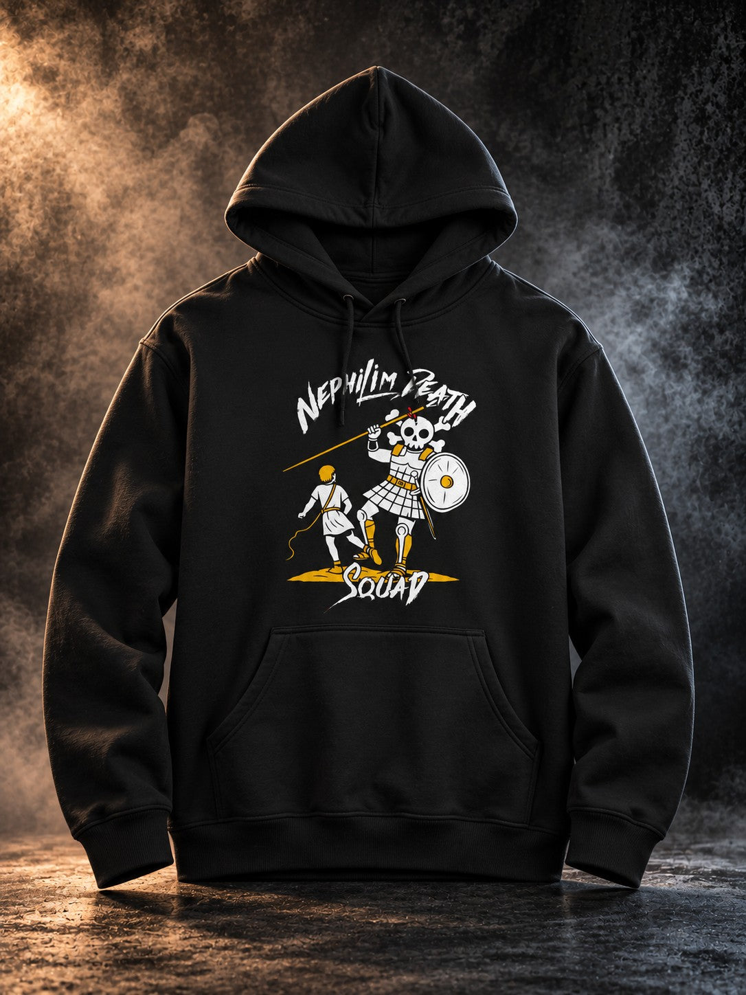 Skull of Goliath hoodie by Nephilim Death Squad, black pullover with white Skull of Goliath graphic