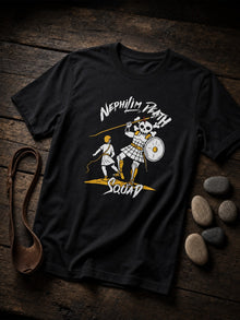 Black Skull of Goliath David vs. Goliath T-shirt by Nephilim Death Squad styled with a leather sling and five smooth stones